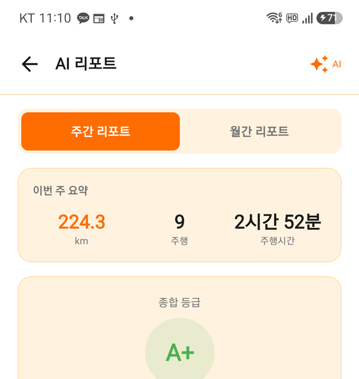 한 주의 주행 거리와 시간, 종합 등급이 보이는 주간 리포트 화면